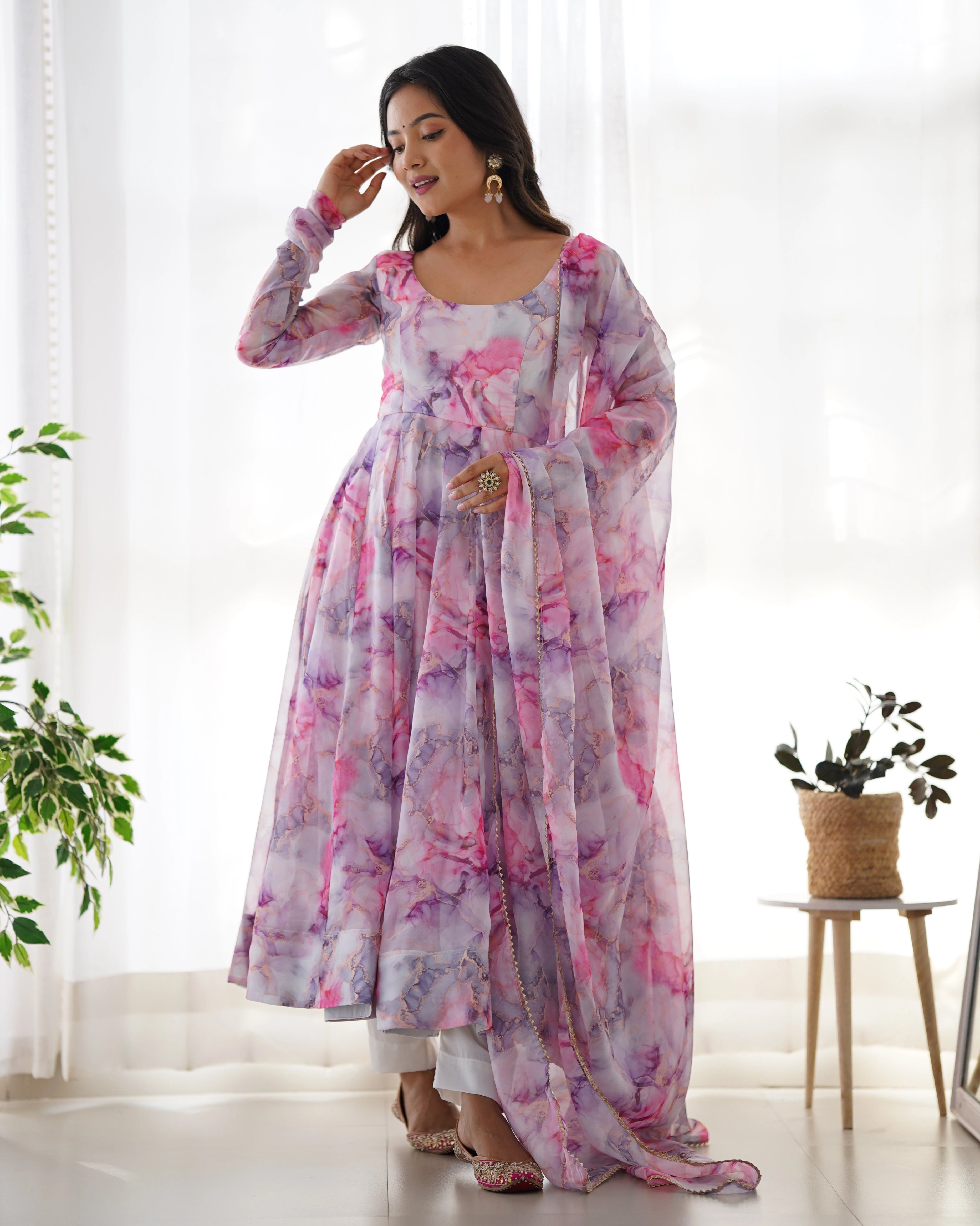 Pastel Pink and Violet Marble Print Anarkali Set with Organza Dupatta