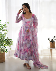 Pastel Pink and Violet Marble Print Anarkali Set with Organza Dupatta