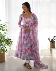 Pastel Pink and Violet Marble Print Anarkali Set with Organza Dupatta