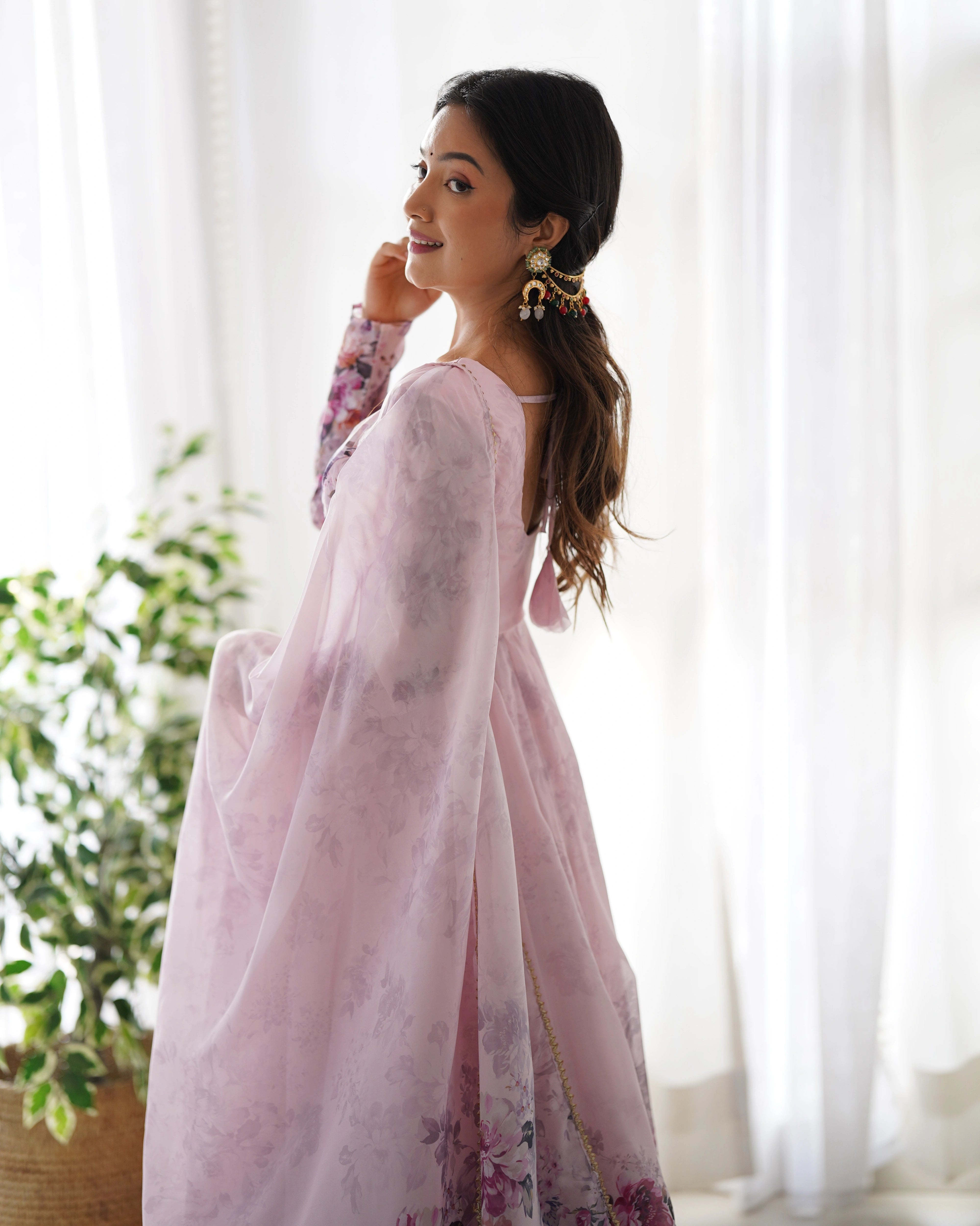 Soft Pink Bloom Anarkali Gown Set with Gota Lace Dupatta