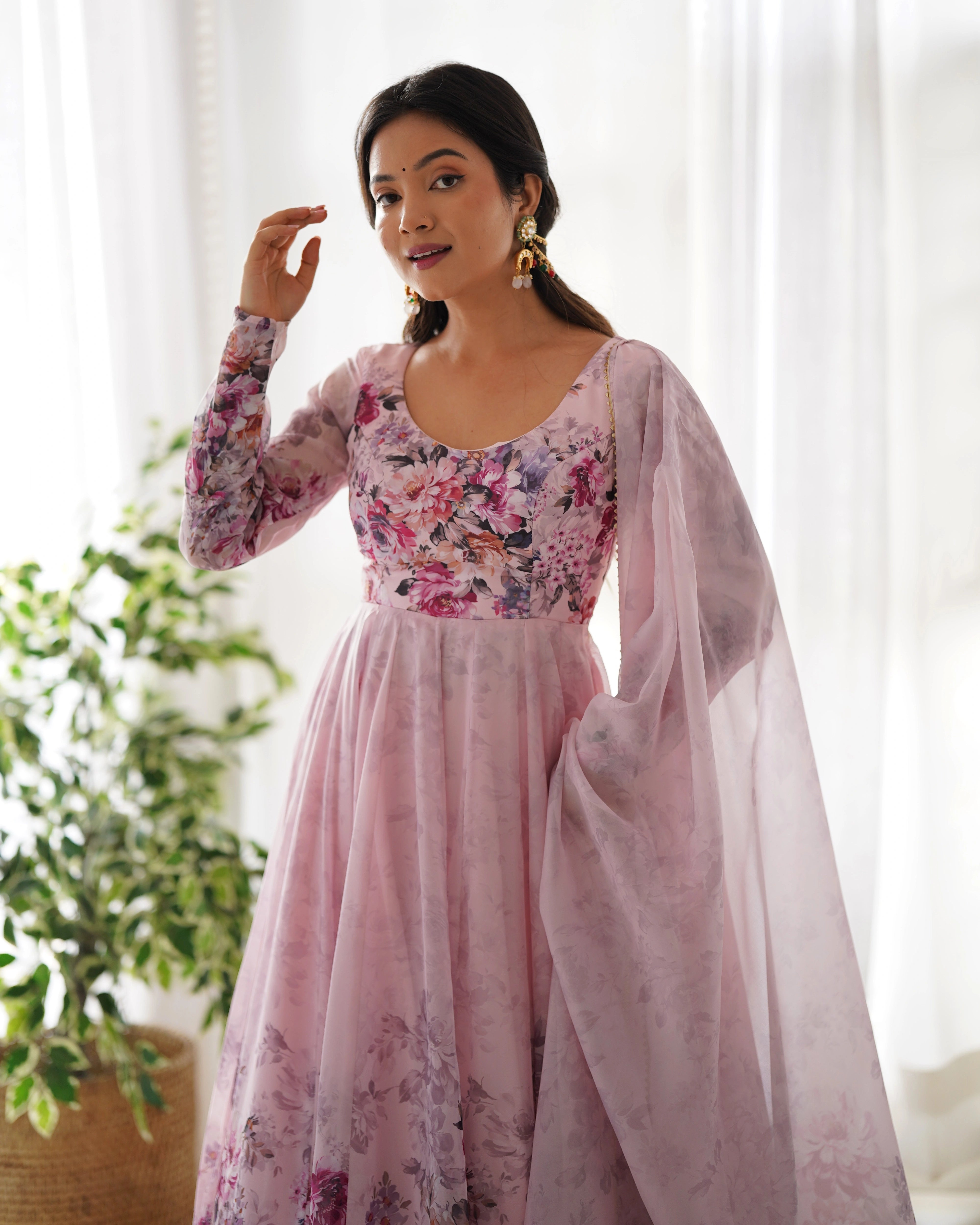 Soft Pink Bloom Anarkali Gown Set with Gota Lace Dupatta