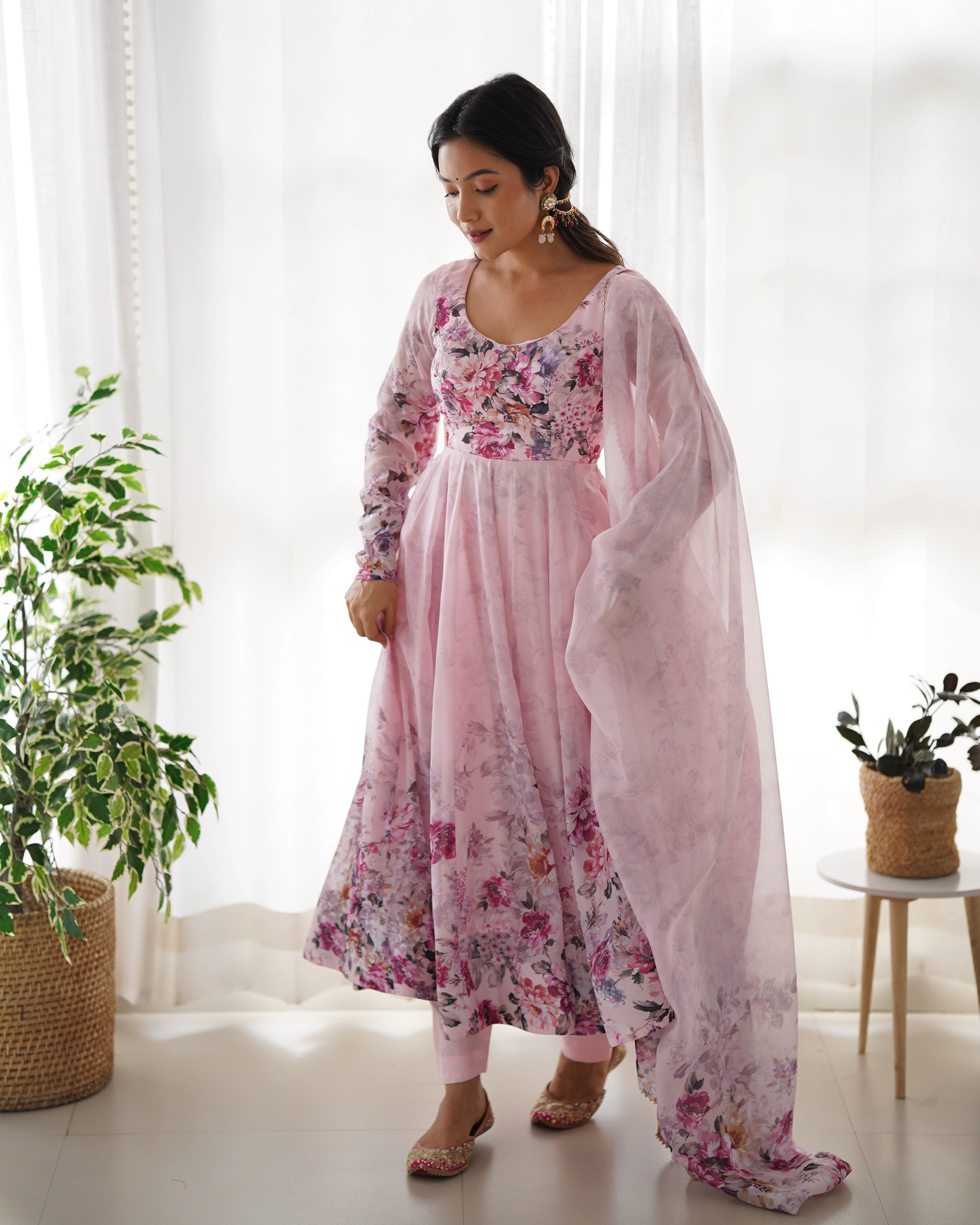 Soft Pink Bloom Anarkali Gown Set with Gota Lace Dupatta