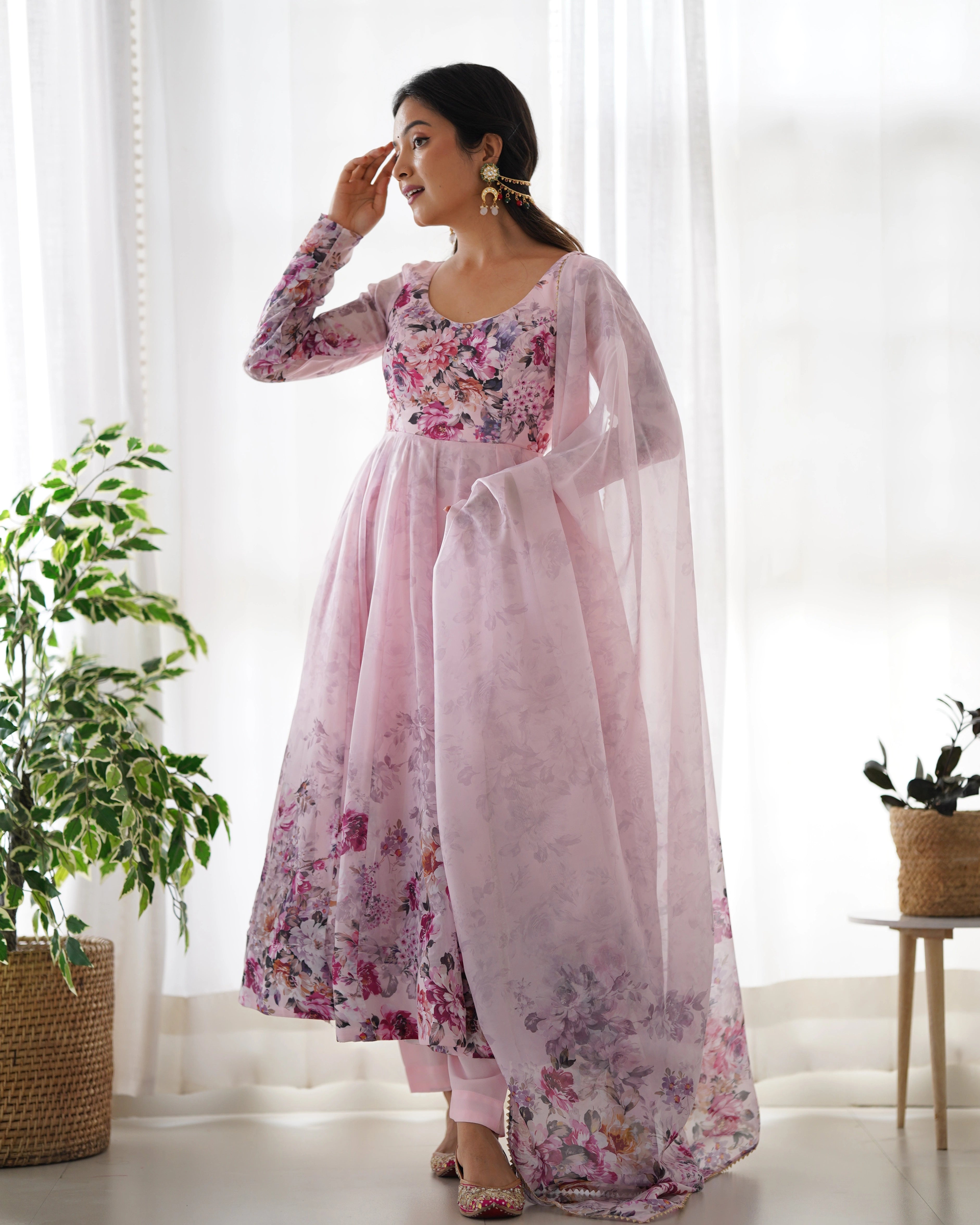 Soft Pink Bloom Anarkali Gown Set with Gota Lace Dupatta