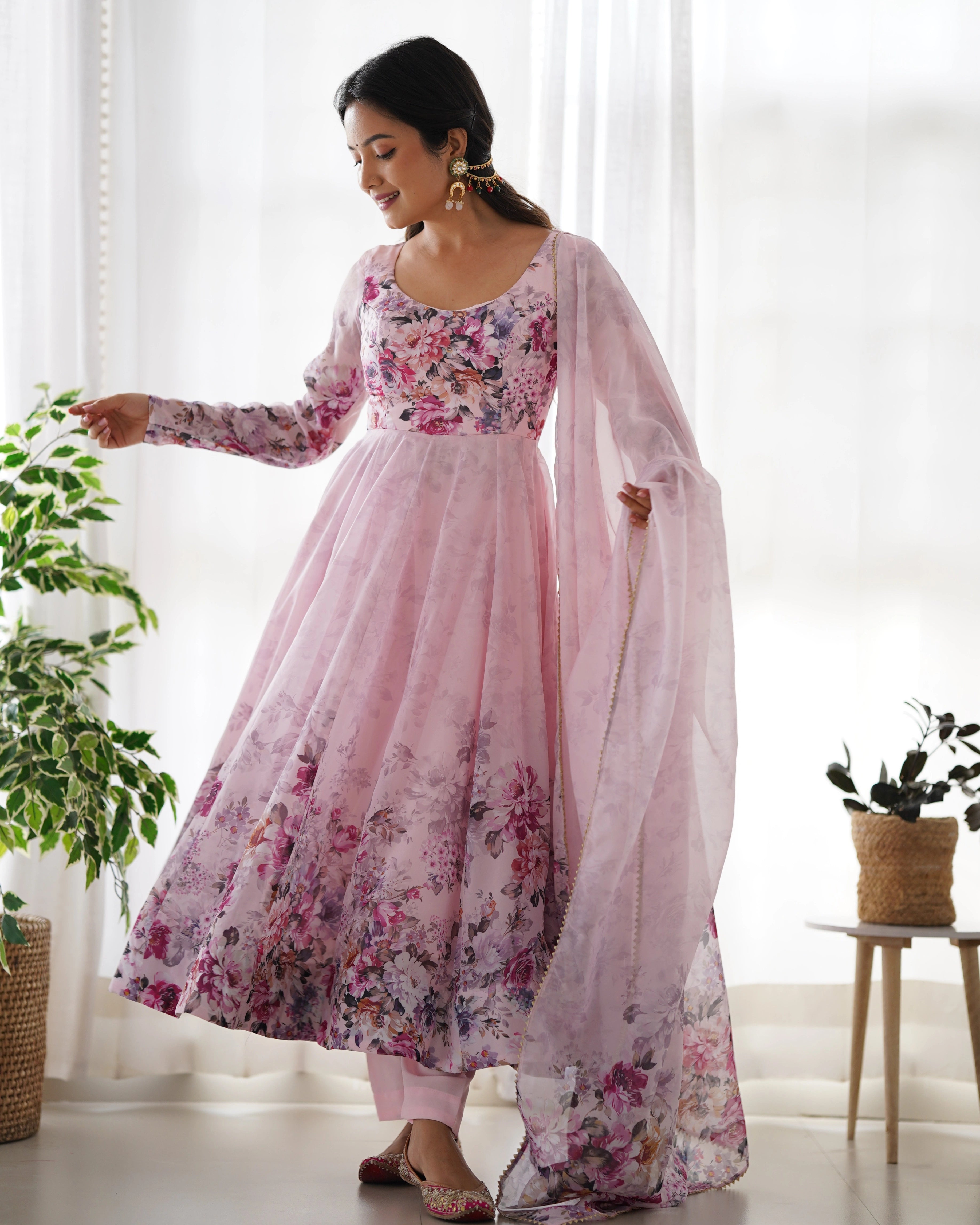 Soft Pink Bloom Anarkali Gown Set with Gota Lace Dupatta