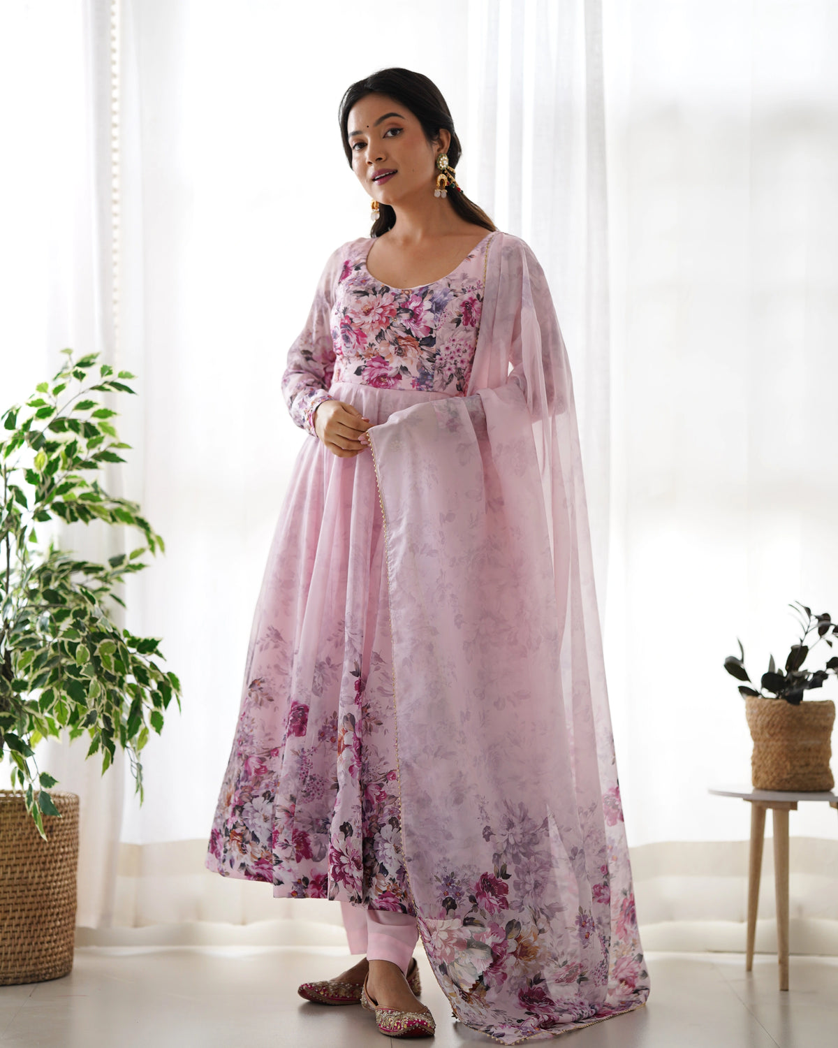 Soft Pink Bloom Anarkali Gown Set with Gota Lace Dupatta