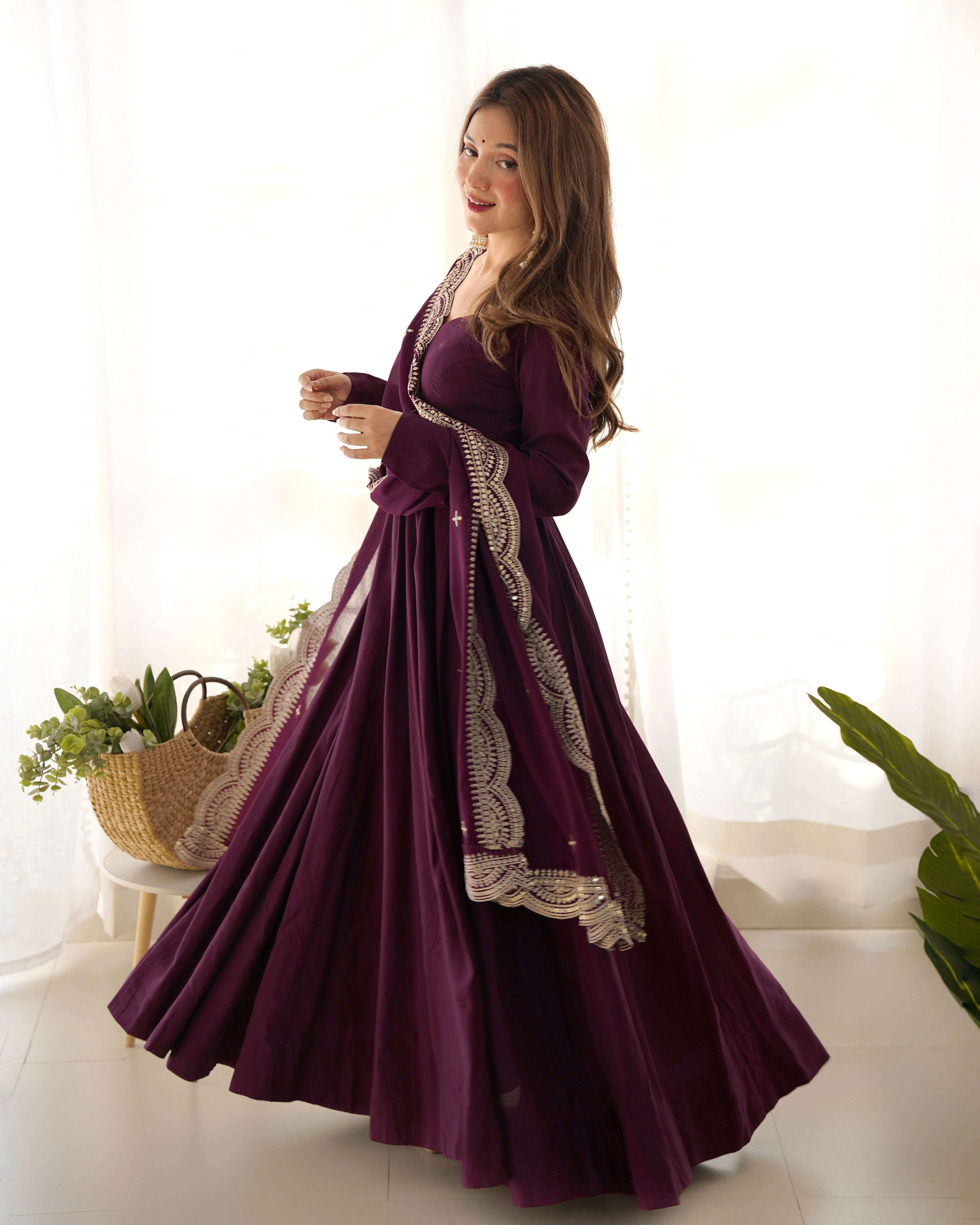 Luxurious Wine Roman Silk Chanderi Anarkali Gown with Cutwork Dupatta