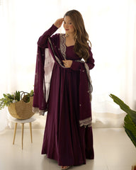 Luxurious Wine Roman Silk Chanderi Anarkali Gown with Cutwork Dupatta