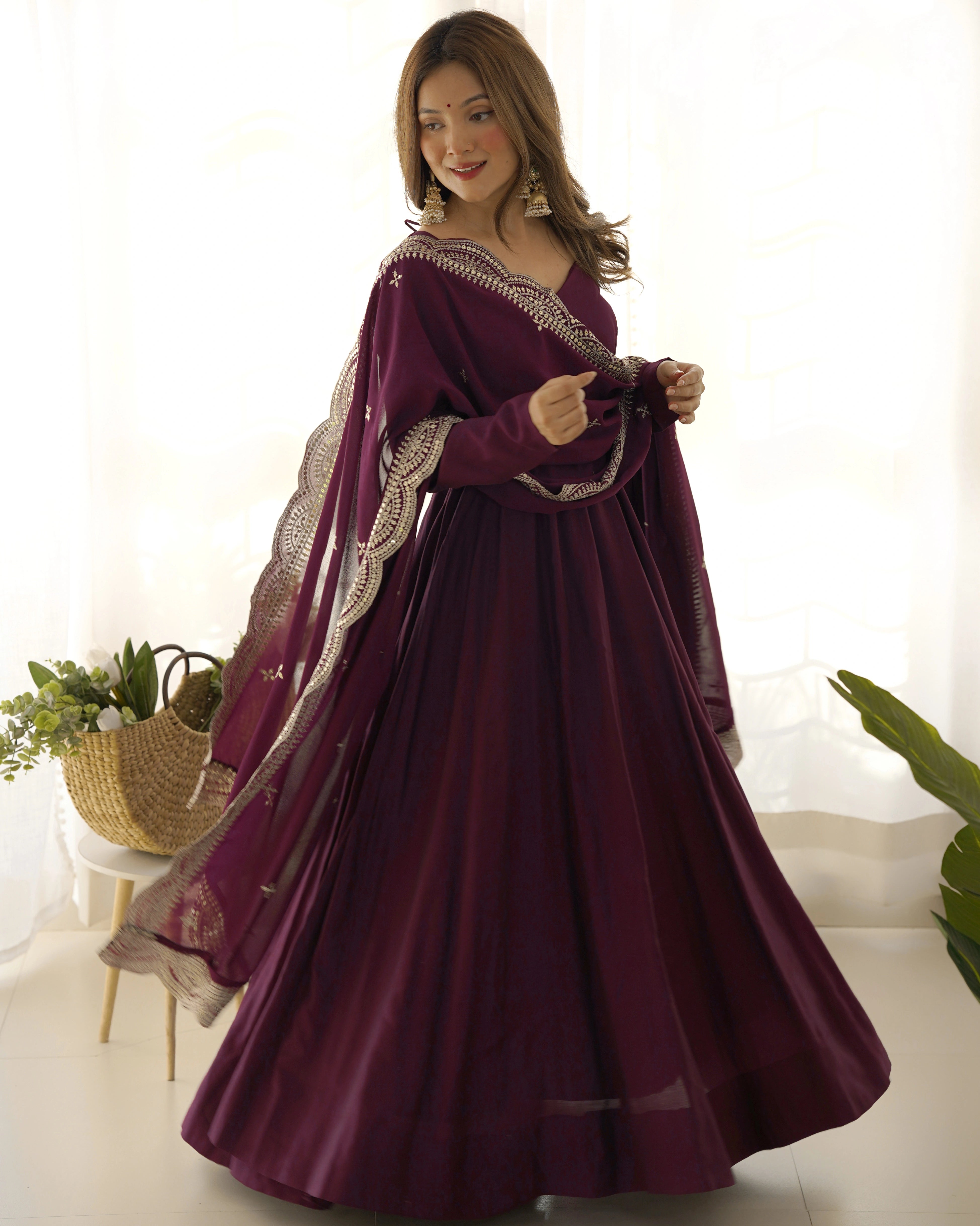 Luxurious Wine Roman Silk Chanderi Anarkali Gown with Cutwork Dupatta