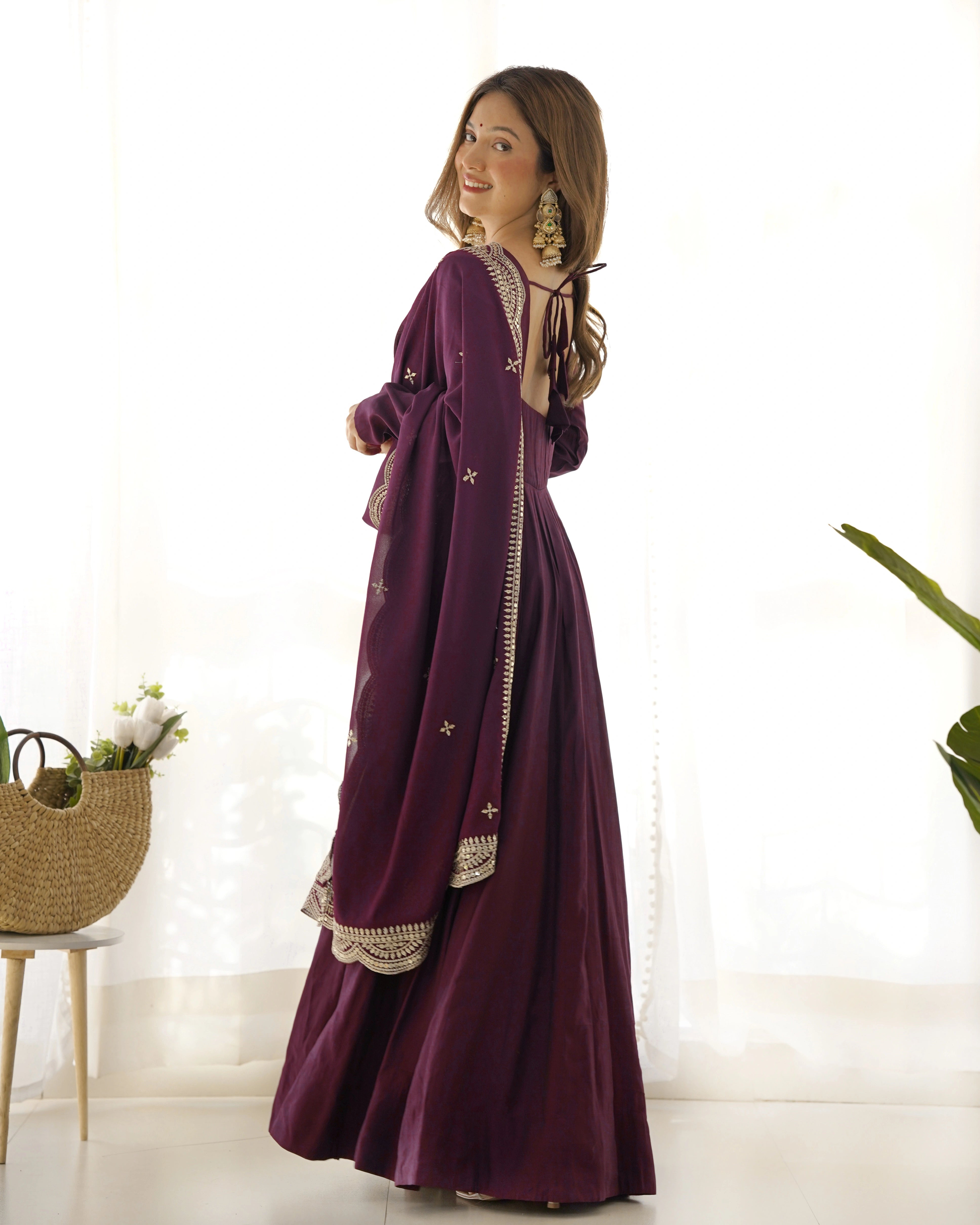 Luxurious Wine Roman Silk Chanderi Anarkali Gown with Cutwork Dupatta