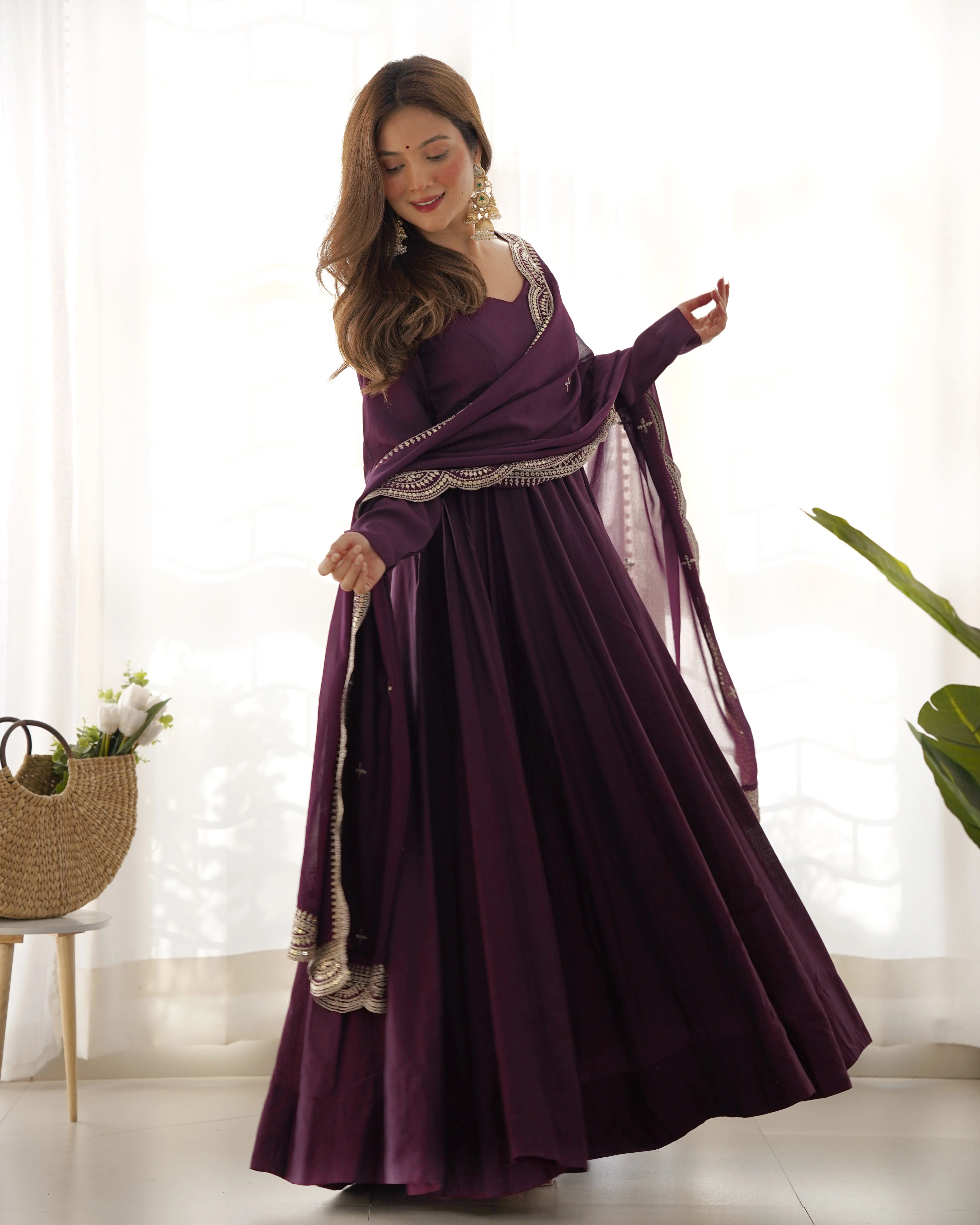 Luxurious Wine Roman Silk Chanderi Anarkali Gown with Cutwork Dupatta