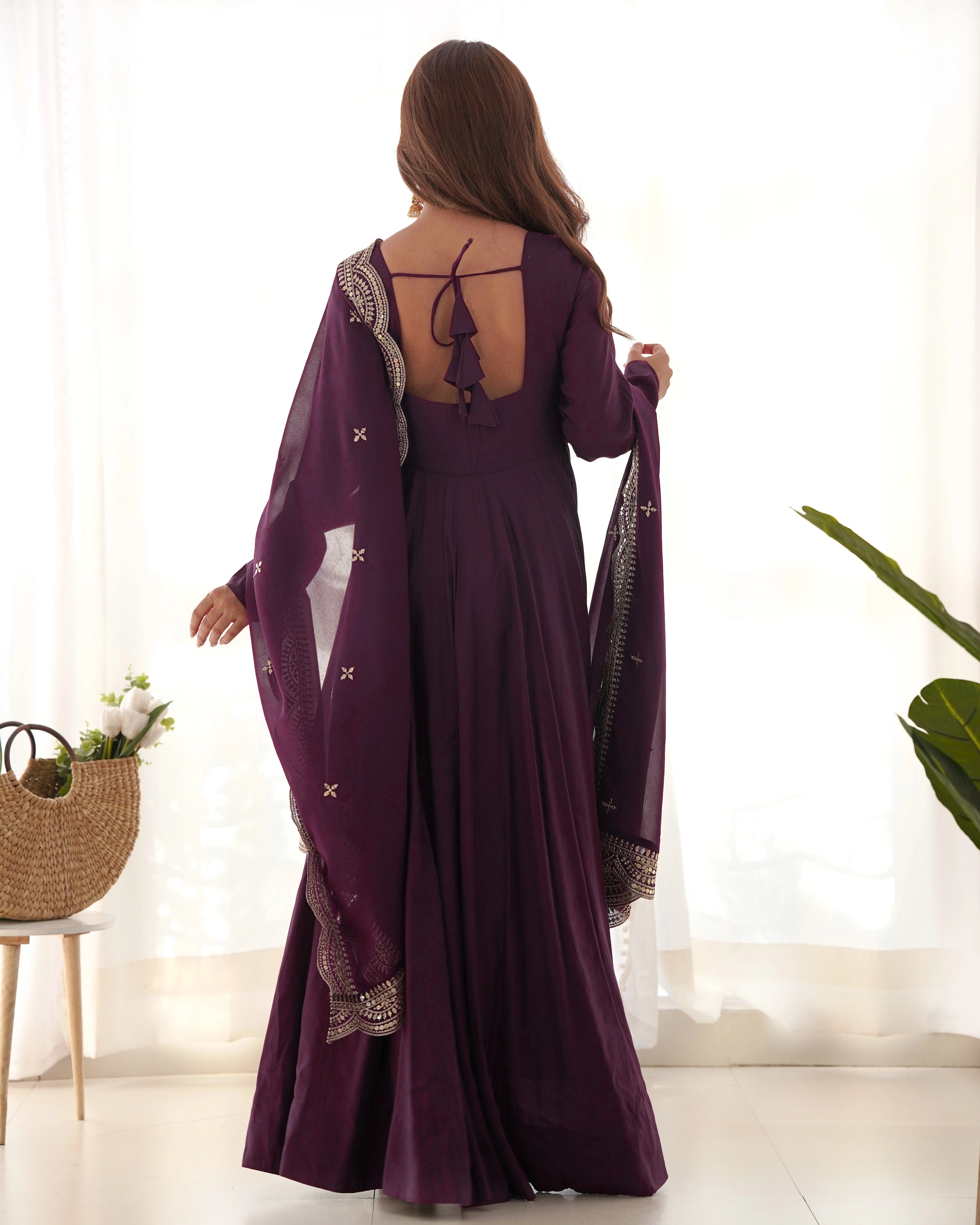 Luxurious Wine Roman Silk Chanderi Anarkali Gown with Cutwork Dupatta