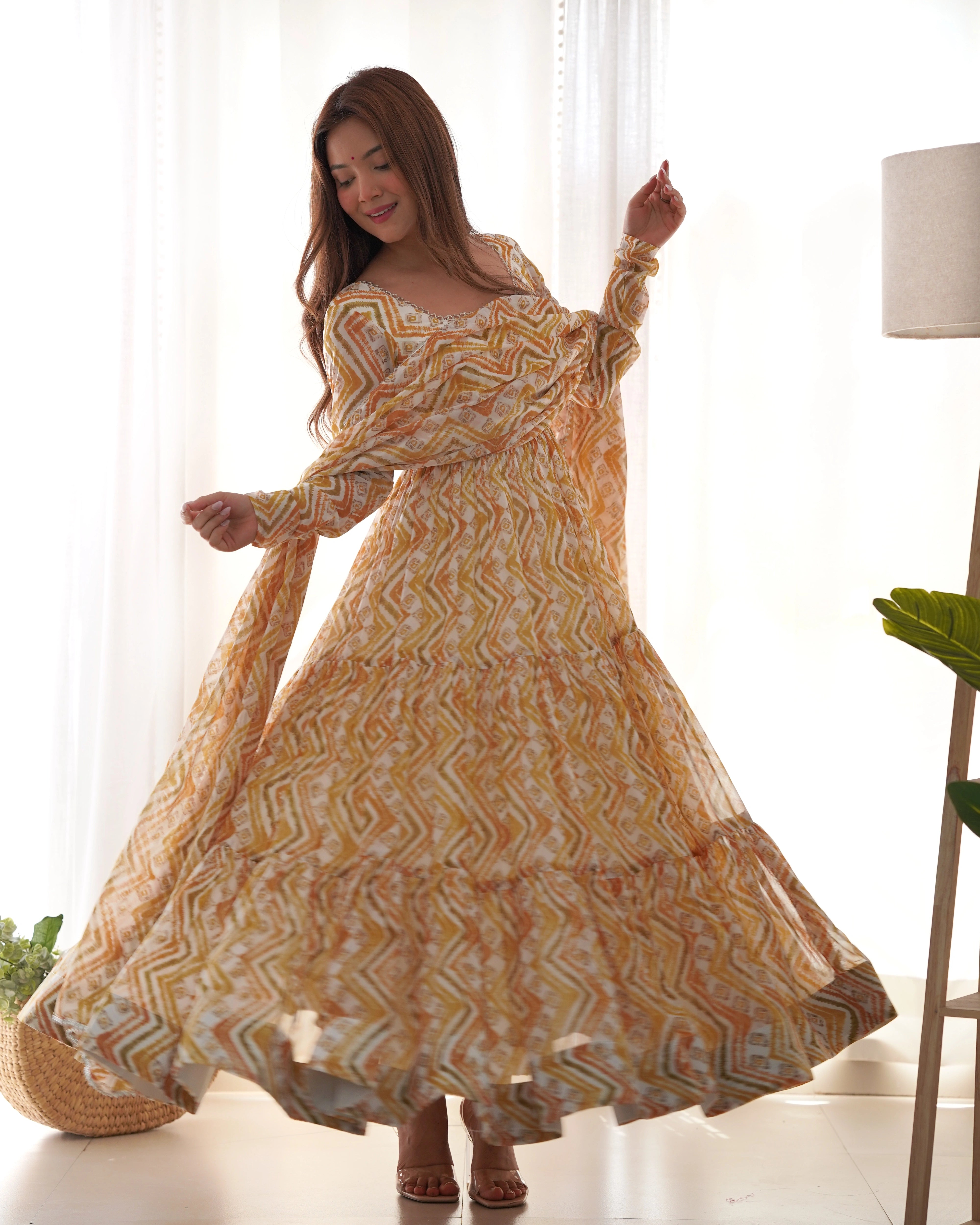 Soft Yellow Zigzag Patterned Anarkali Suit with Dupatta