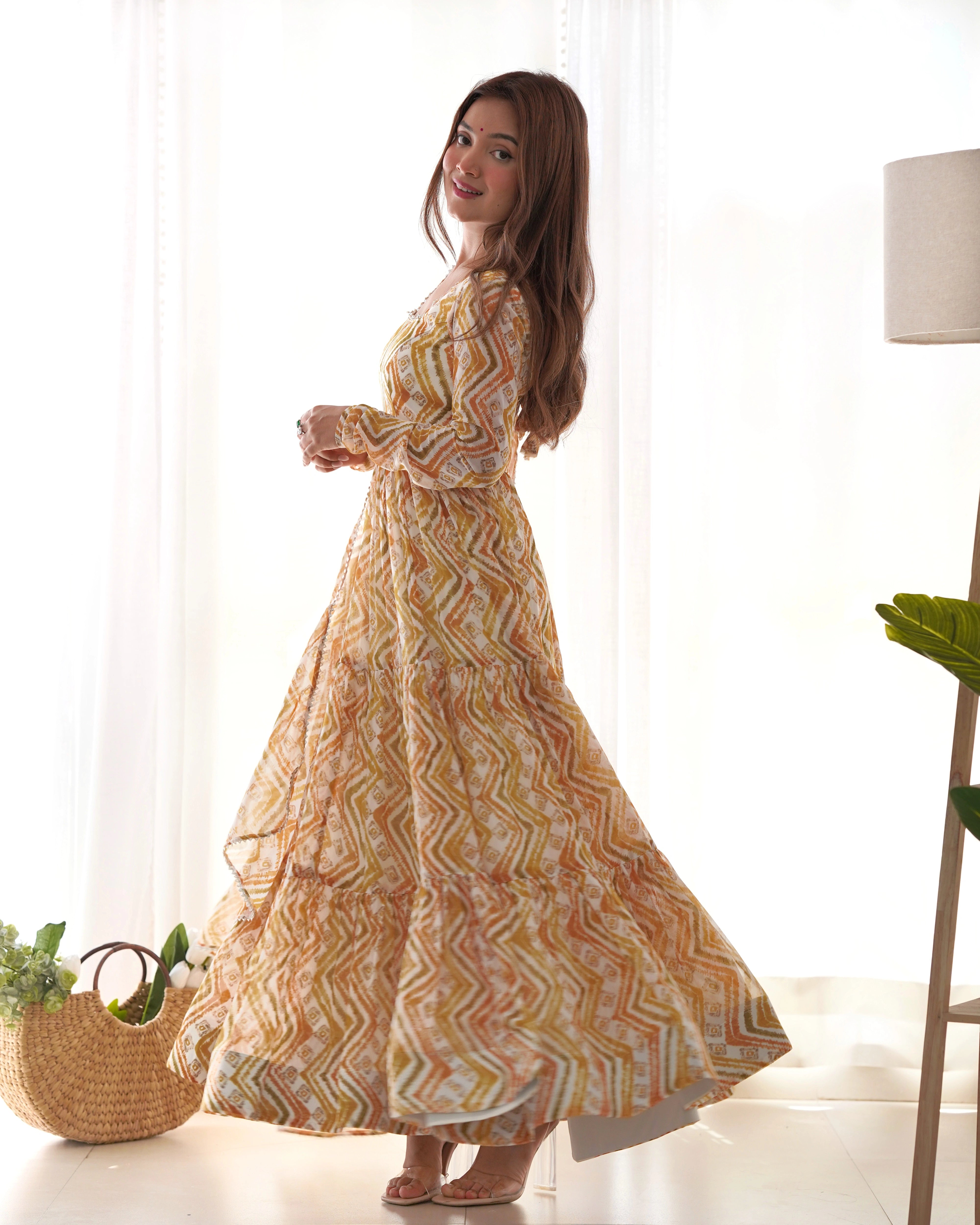 Soft Yellow Zigzag Patterned Anarkali Suit with Dupatta