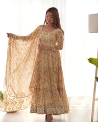 Soft Yellow Zigzag Patterned Anarkali Suit with Dupatta