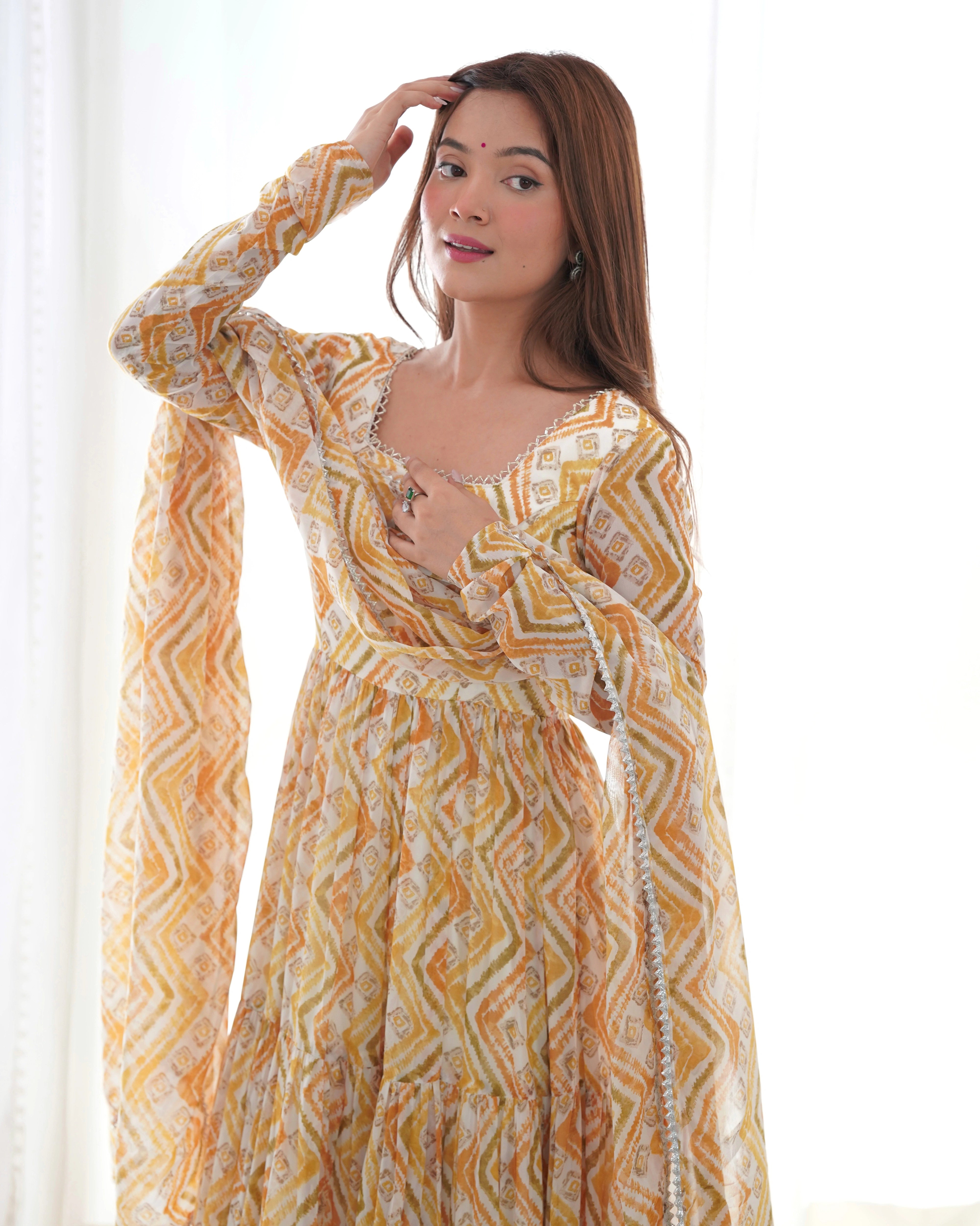 Soft Yellow Zigzag Patterned Anarkali Suit with Dupatta