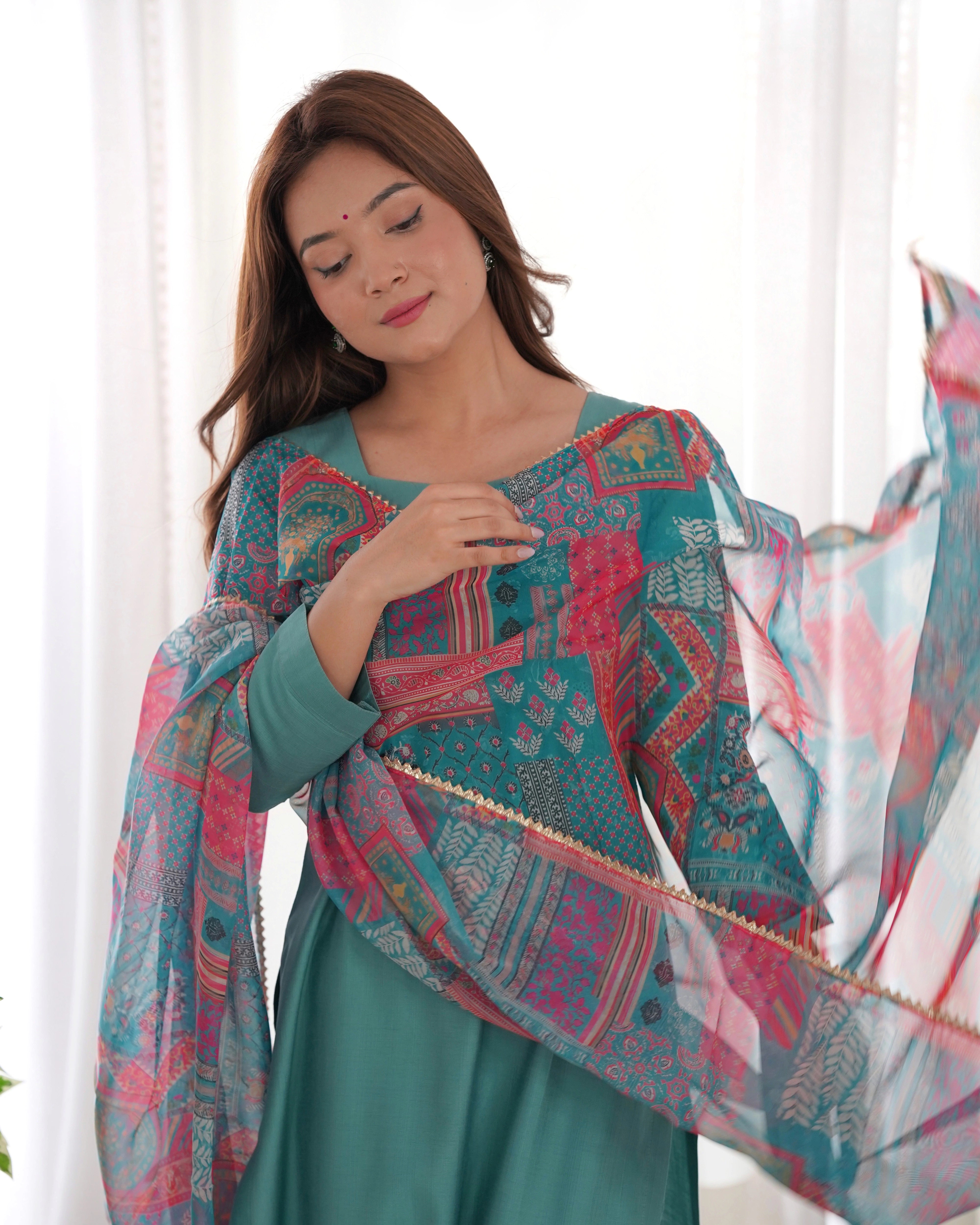 Graceful Sea Green Viscose Kurta Set with Vibrant Floral Organza Dupatta