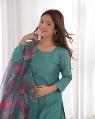 Graceful Sea Green Viscose Kurta Set with Vibrant Floral Organza Dupatta