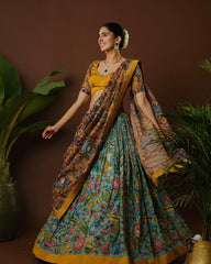 Elegant Printed Kalamkari Lehenga with Mirror Work – Ideal for Indian Weddings & Special Occasions