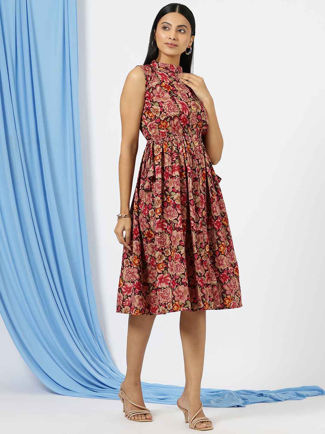 Floral Printed Sleeveless Rayon Cotton Midi Dress