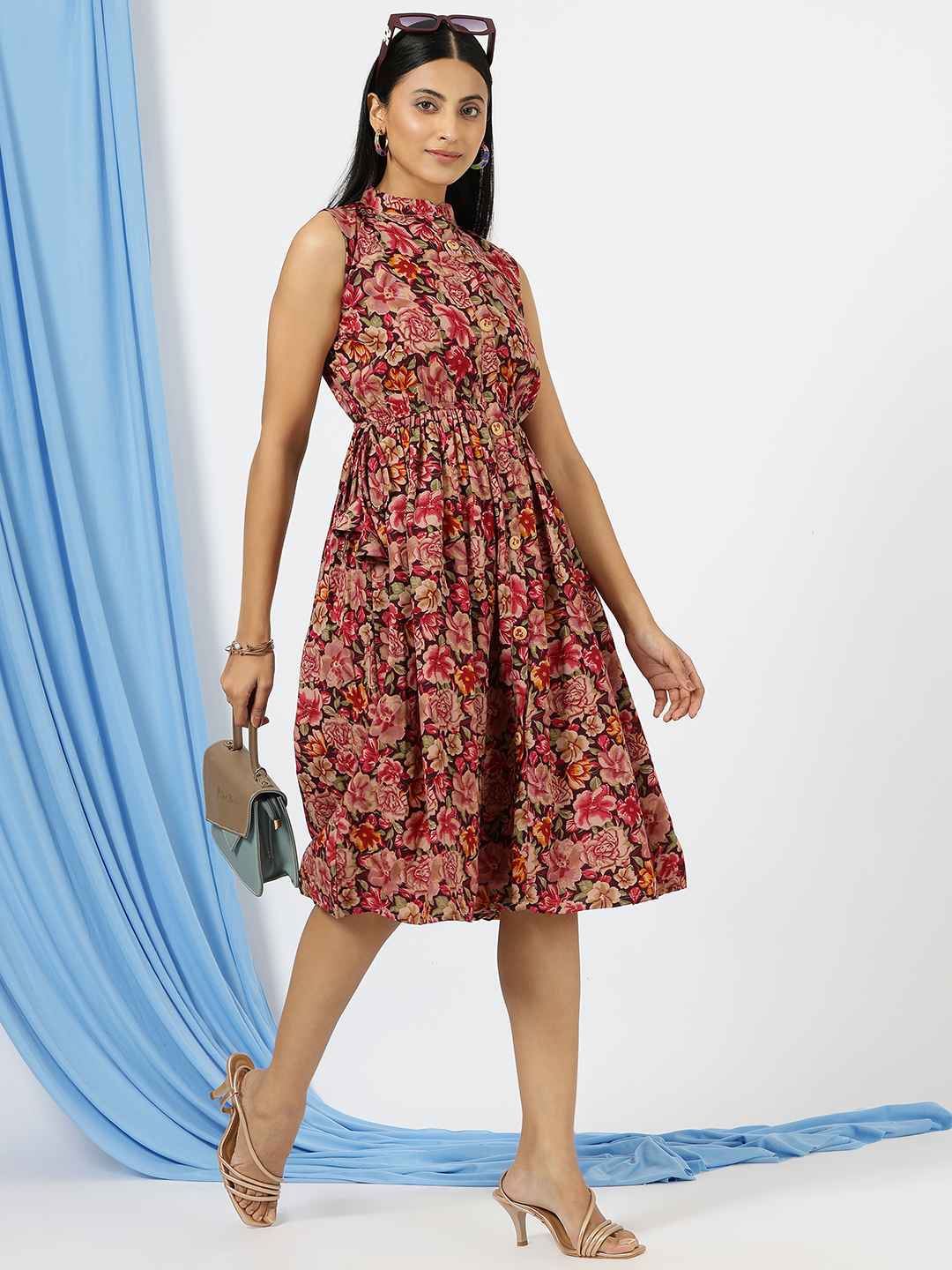 Floral Printed Sleeveless Rayon Cotton Midi Dress