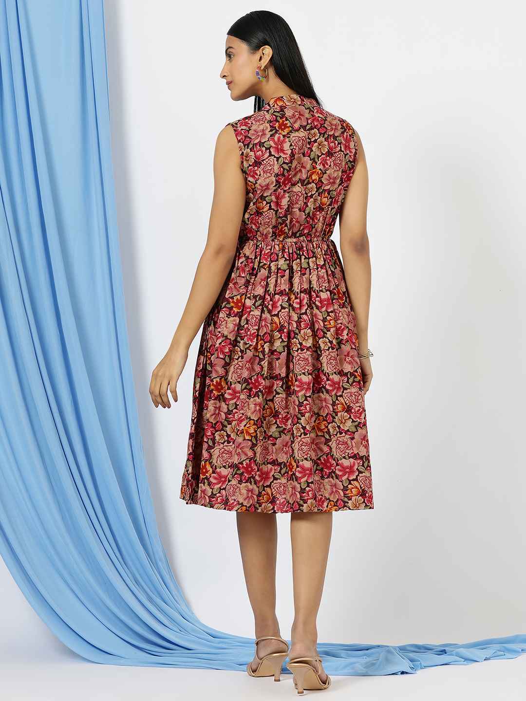 Floral Printed Sleeveless Rayon Cotton Midi Dress