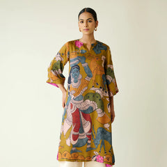 Chitra Kalamkari Print Kurta & Relaxed Churidar Pants Set (Mustard Yellow & Multi-Colored)