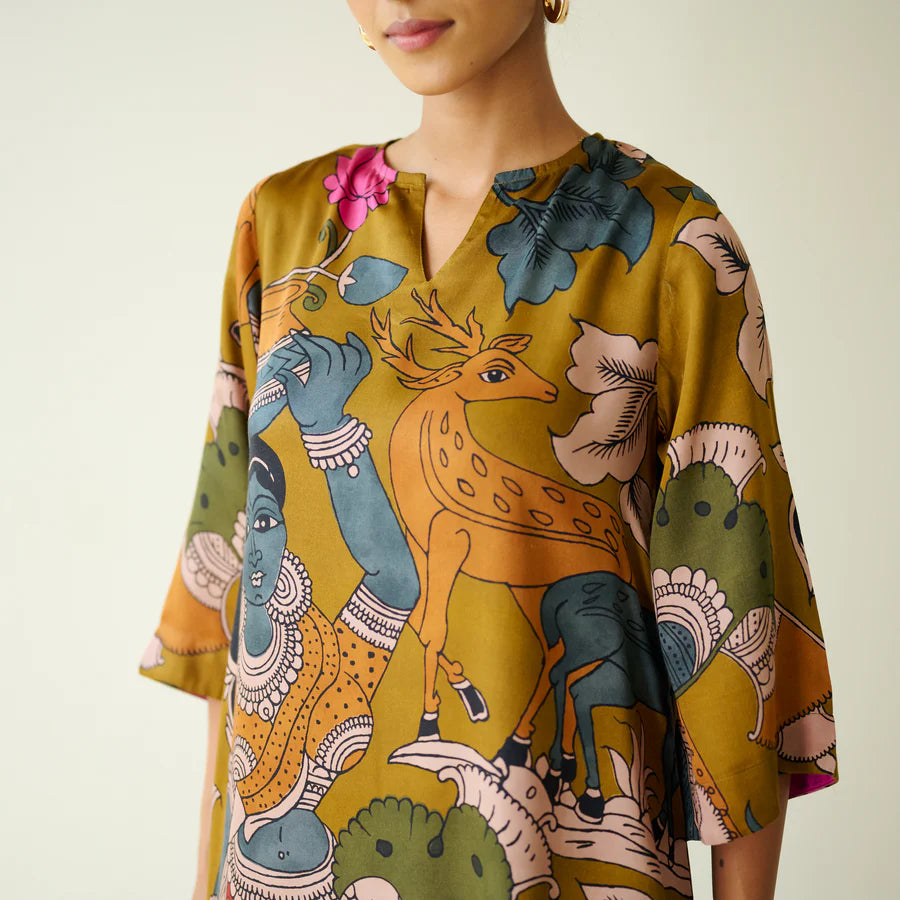 Chitra Kalamkari Print Kurta & Relaxed Churidar Pants Set (Mustard Yellow & Multi-Colored)