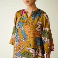 Chitra Kalamkari Print Kurta & Relaxed Churidar Pants Set (Mustard Yellow & Multi-Colored)