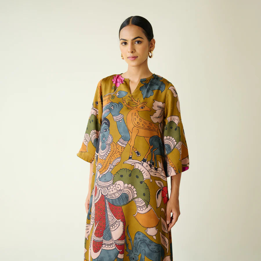 Chitra Kalamkari Print Kurta & Relaxed Churidar Pants Set (Mustard Yellow & Multi-Colored)