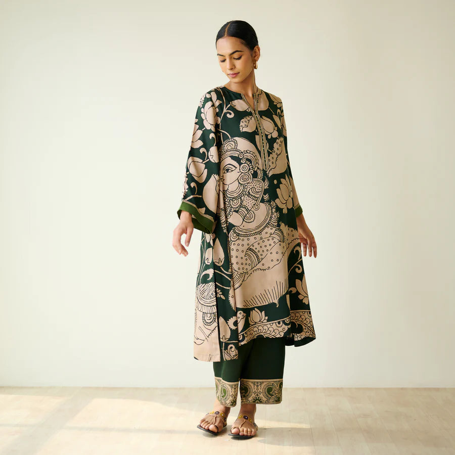 Green Kalamkari Print Kurta Set with Mukaish Embroidery - Ethnic Wear for Women