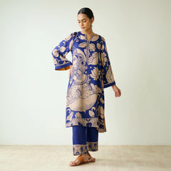 Royal Blue Kurta Set with Embroidery and Kalamkari Print