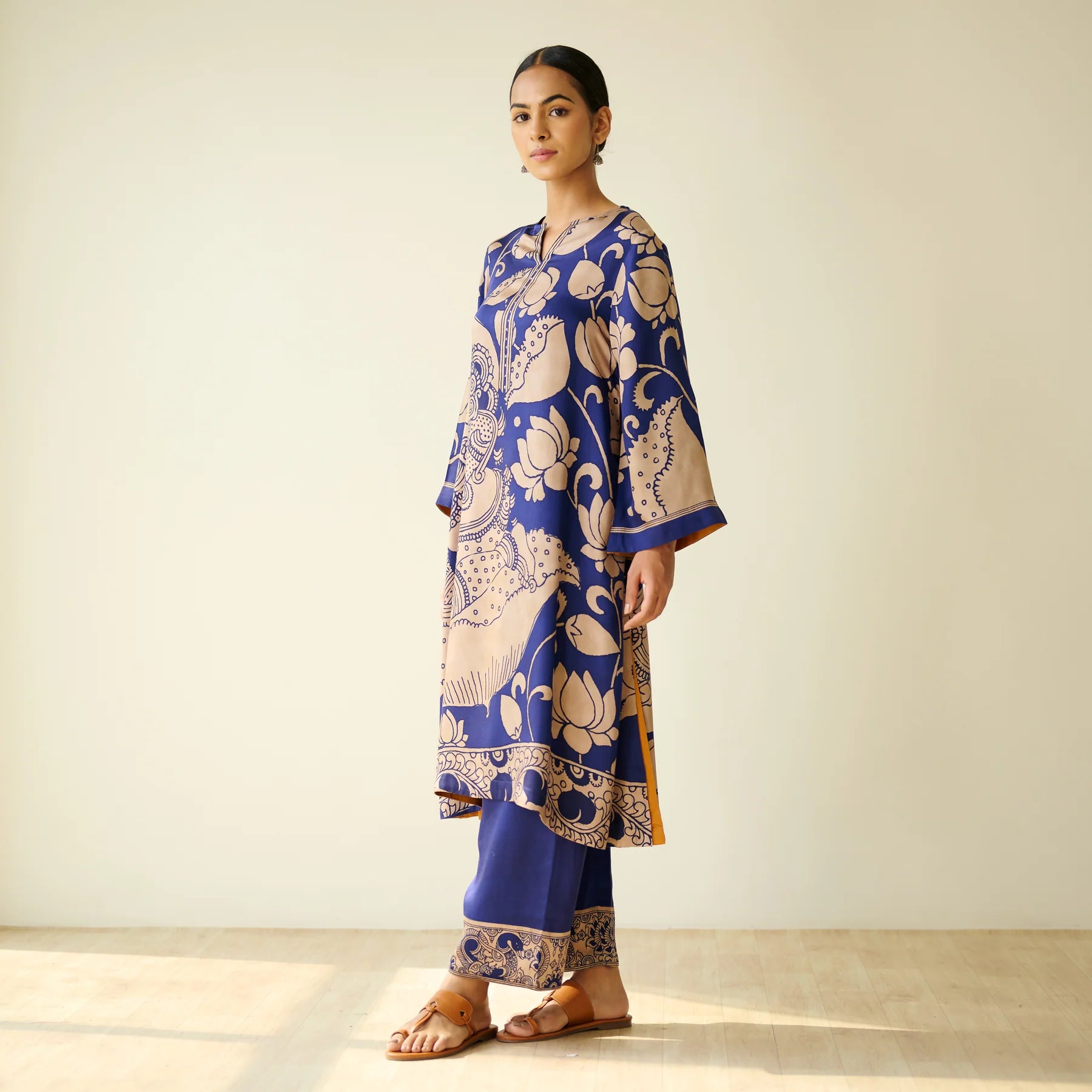 Royal Blue Kurta Set with Embroidery and Kalamkari Print