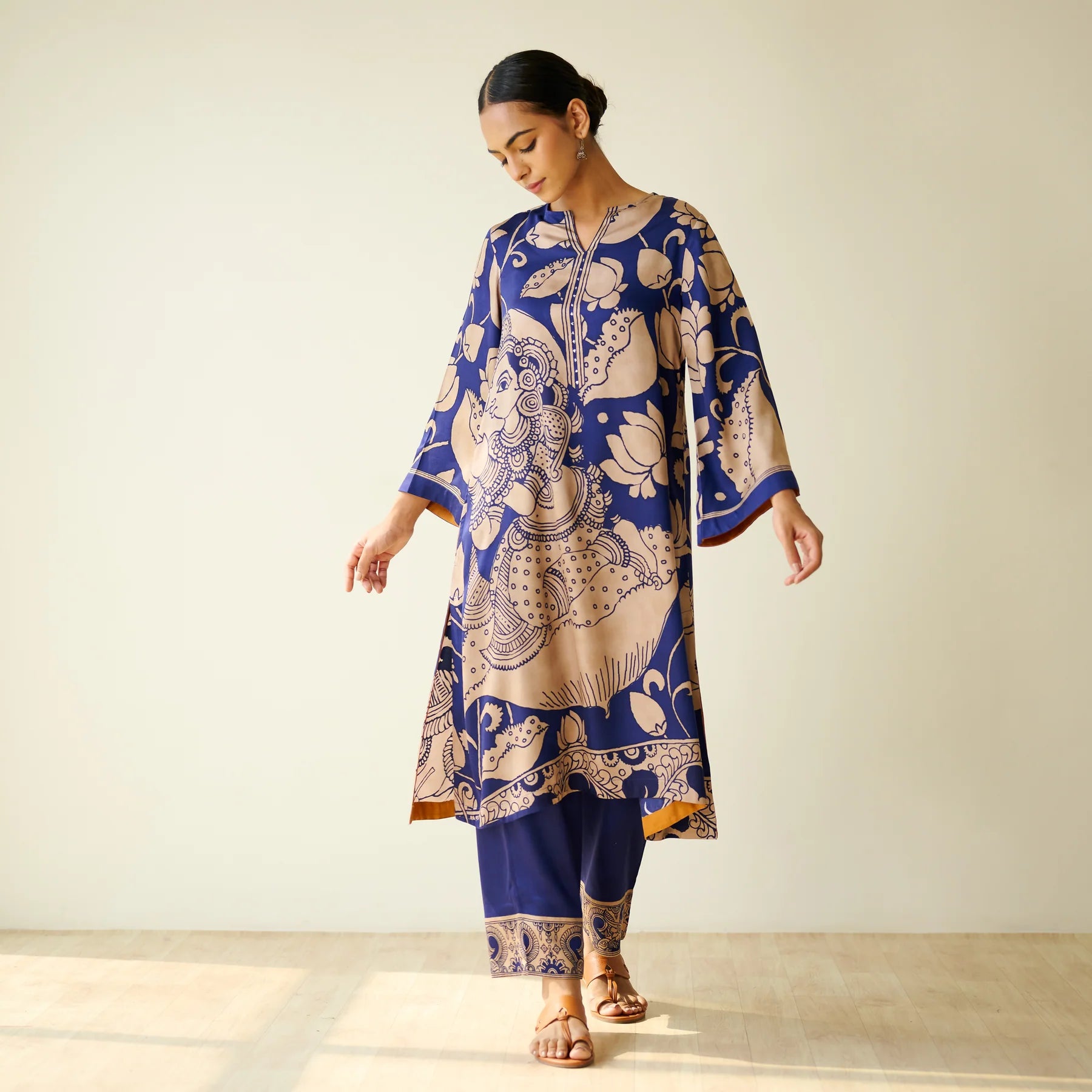 Royal Blue Kurta Set with Embroidery and Kalamkari Print