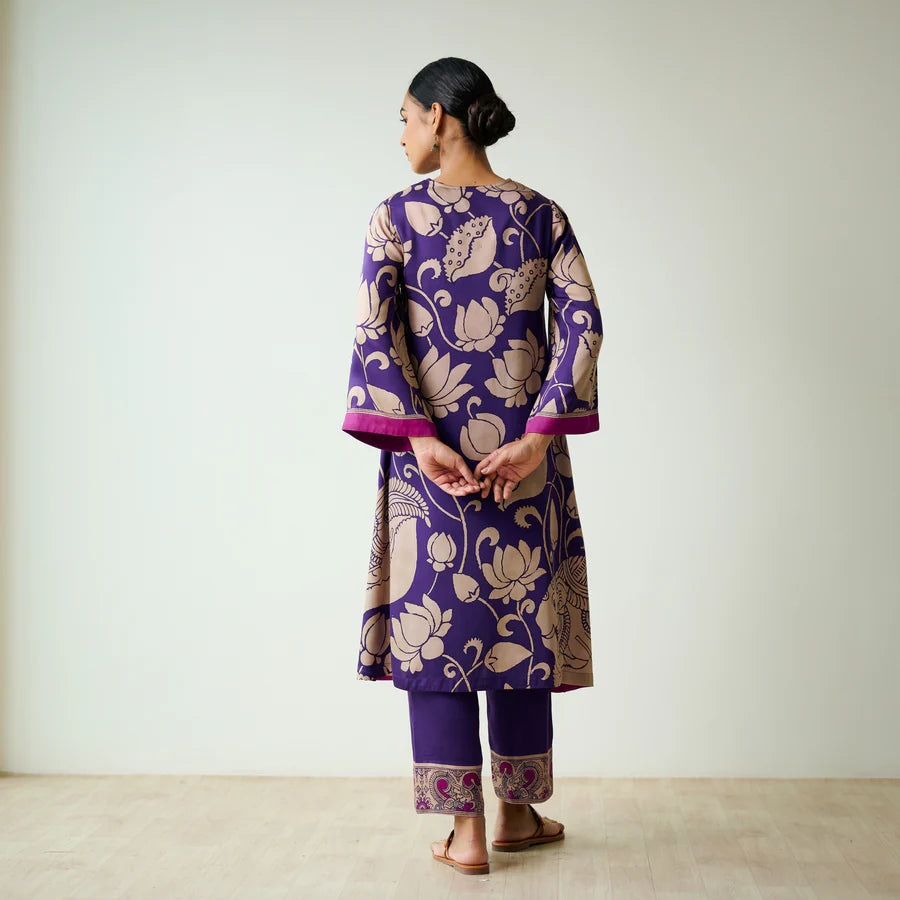 Violet Kalamkari Print Kurta Set with Embroidery - Traditional Ethnic Wear for Women