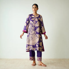 Violet Kalamkari Print Kurta Set with Embroidery - Traditional Ethnic Wear for Women