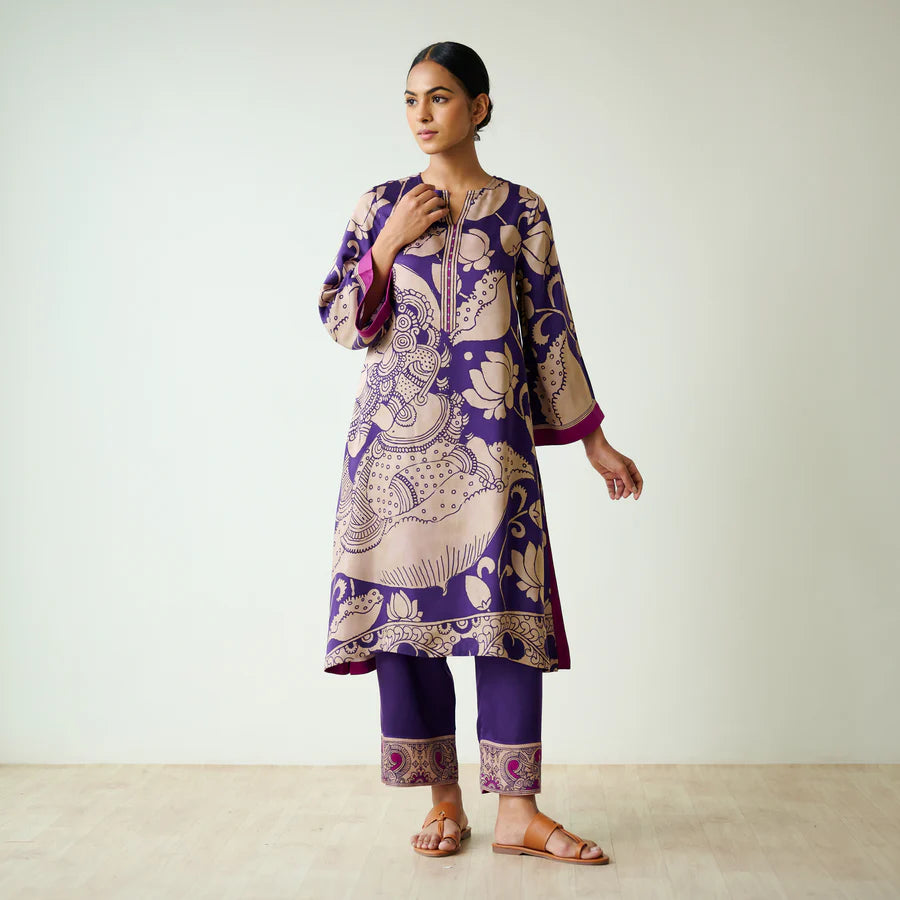 Violet Kalamkari Print Kurta Set with Embroidery - Traditional Ethnic Wear for Women