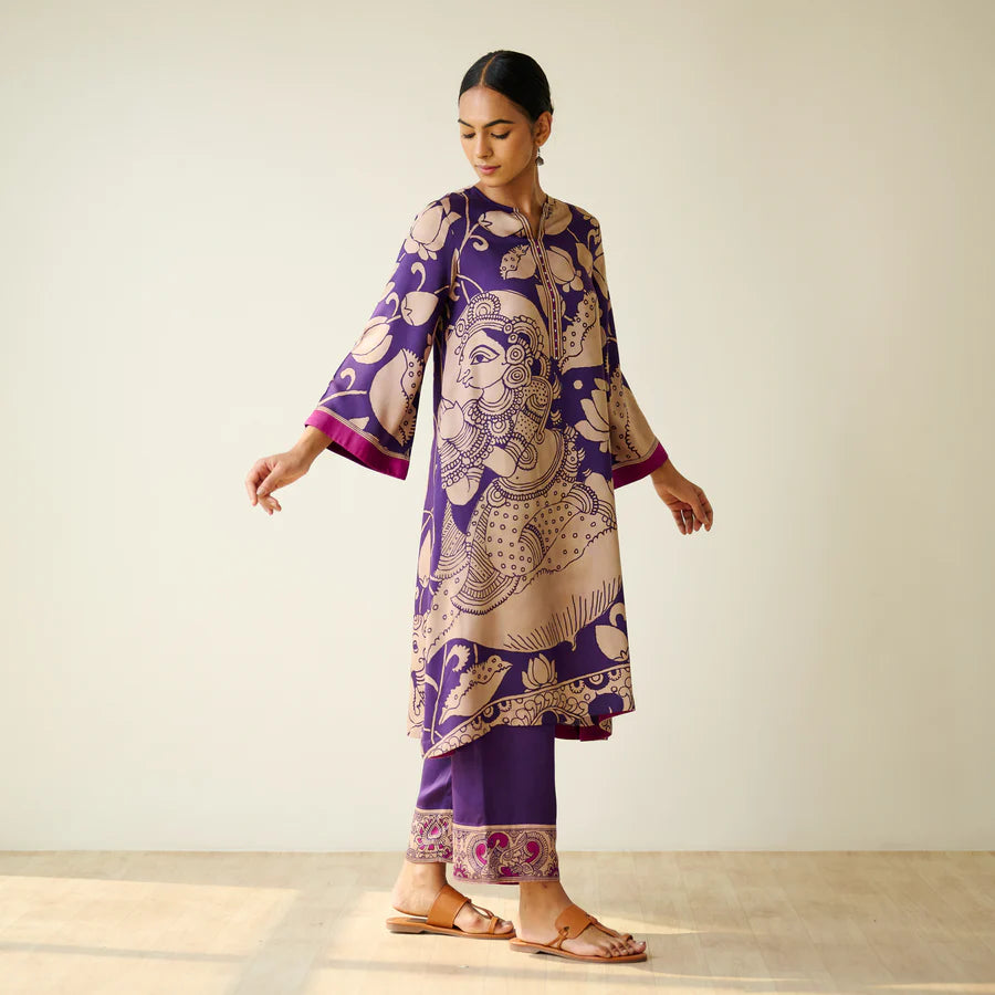 Violet Kalamkari Print Kurta Set with Embroidery - Traditional Ethnic Wear for Women