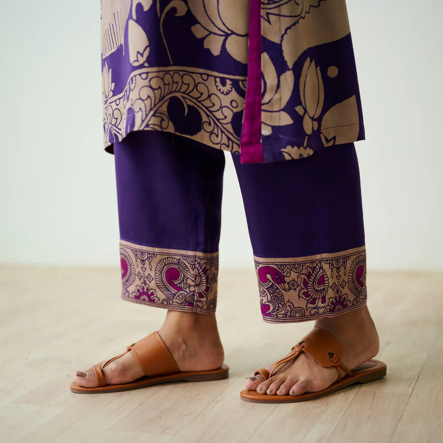 Violet Kalamkari Print Kurta Set with Embroidery - Traditional Ethnic Wear for Women