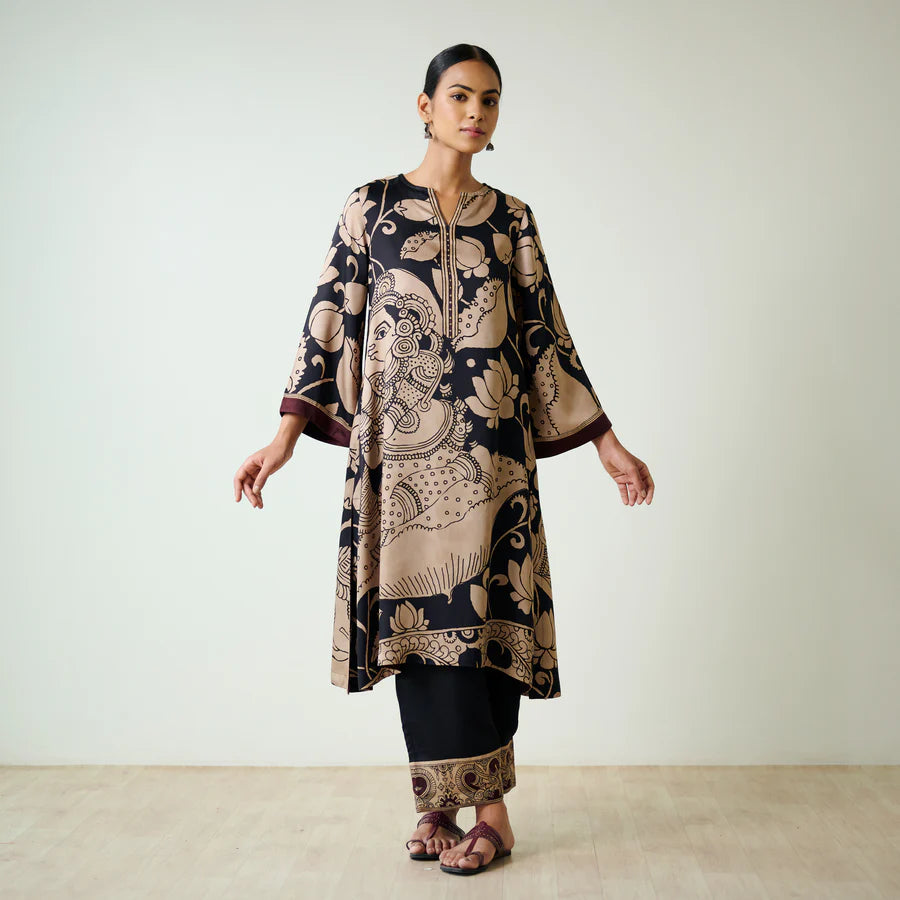Black & Beige Kalamkari Kurta Set with Embroidery - Modern Ethnic Wear for Women