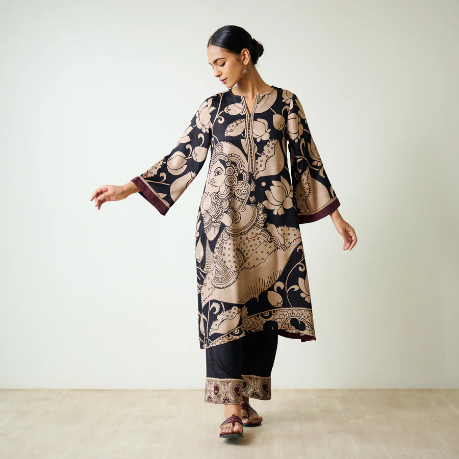 Black & Beige Kalamkari Kurta Set with Embroidery - Modern Ethnic Wear for Women
