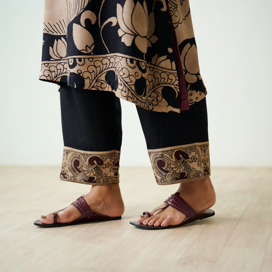Black & Beige Kalamkari Kurta Set with Embroidery - Modern Ethnic Wear for Women