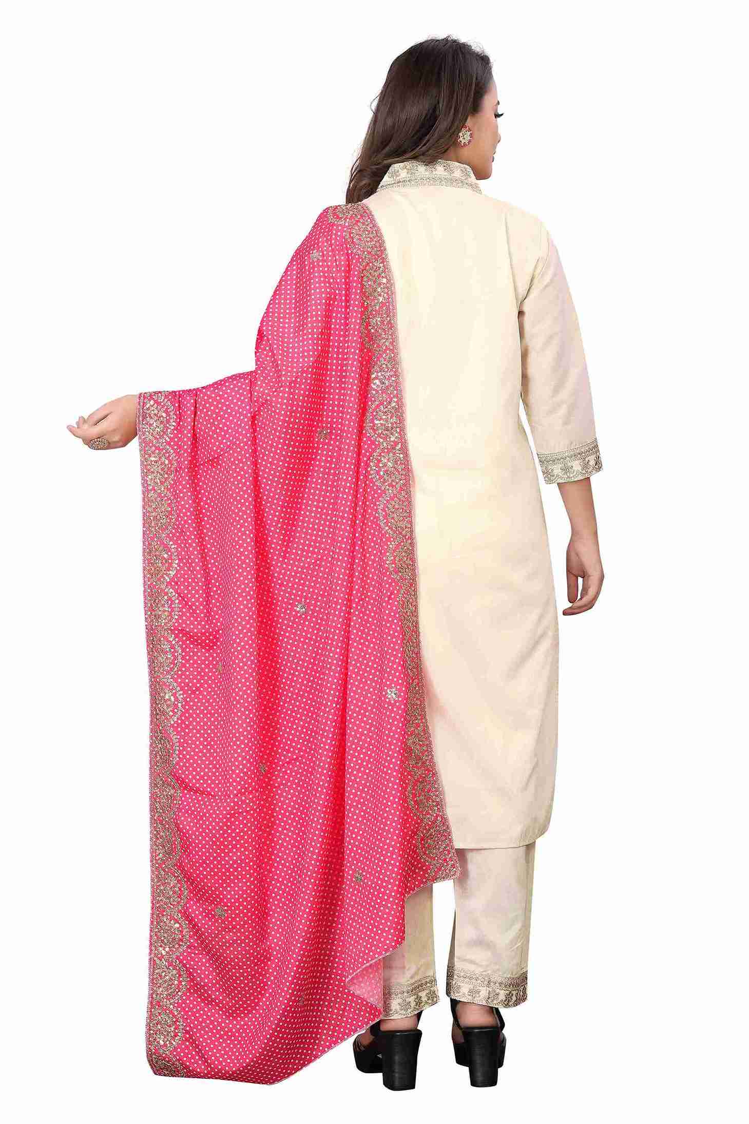 Elegant Cream Embroidered Kurta with Palazzo and Pink Dupatta