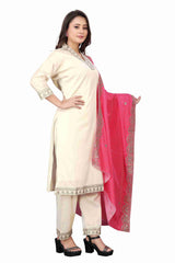 Elegant Cream Embroidered Kurta with Palazzo and Pink Dupatta