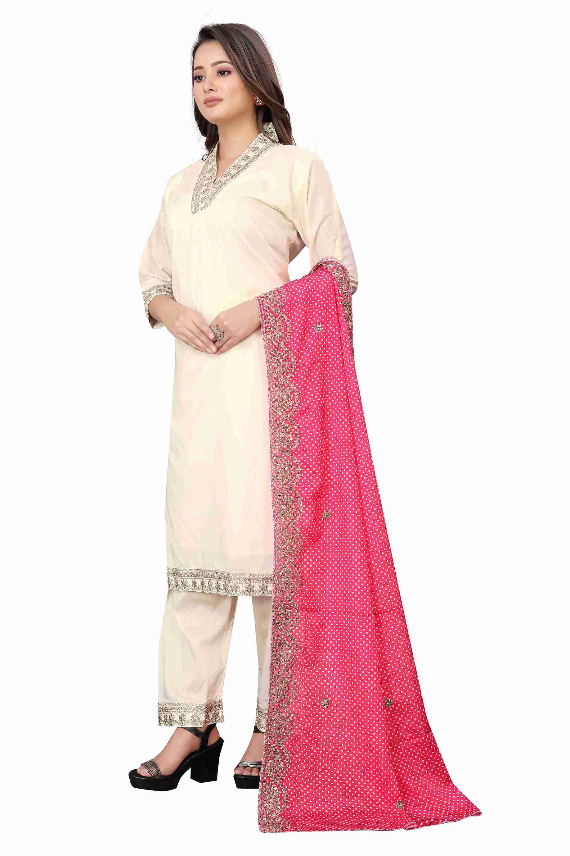 Elegant Cream Embroidered Kurta with Palazzo and Pink Dupatta