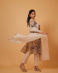 Vibrant Kalamkari Floral Cotton Kurta Set – Beige with Multicolor Design & Coordinated Dupatta