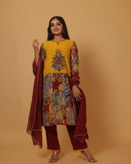 Vibrant Kalamkari Cotton Yellow Ganesha Kurta Set – Floral & Traditional Design with Coordinated Dupatta