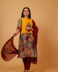 Vibrant Kalamkari Cotton Yellow Ganesha Kurta Set – Floral & Traditional Design with Coordinated Dupatta