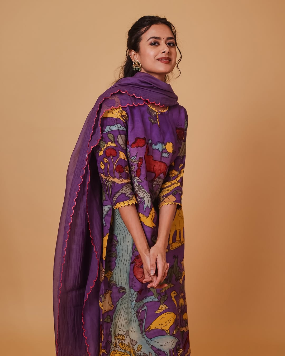 Kalamkari waterfall Cotton Kurta Set – Purple with Animal & Floral Design with Coordinated Dupatta