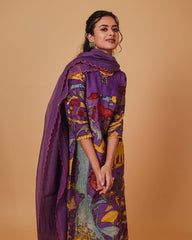 Kalamkari waterfall Cotton Kurta Set – Purple with Animal & Floral Design with Coordinated Dupatta