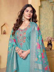 Turquoise Viscose Modal Butti Embroidered Kurta Set with Jacquard Organza Dupatta - Fully Stitched